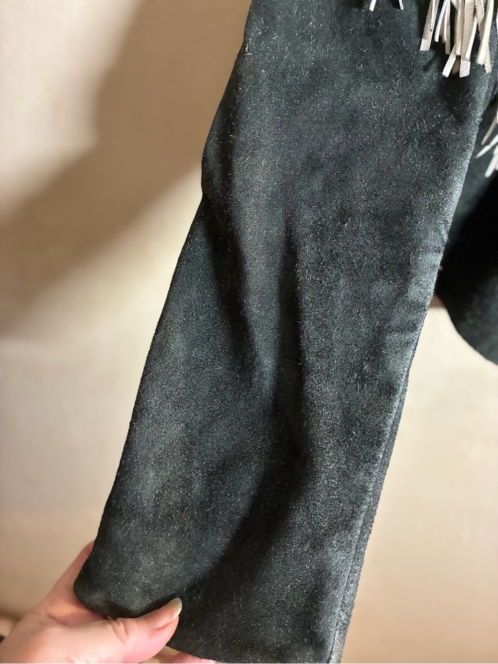 Fringed Suede Leather Jacket in Dark Gray with White Fringe - Picture 6 of 16